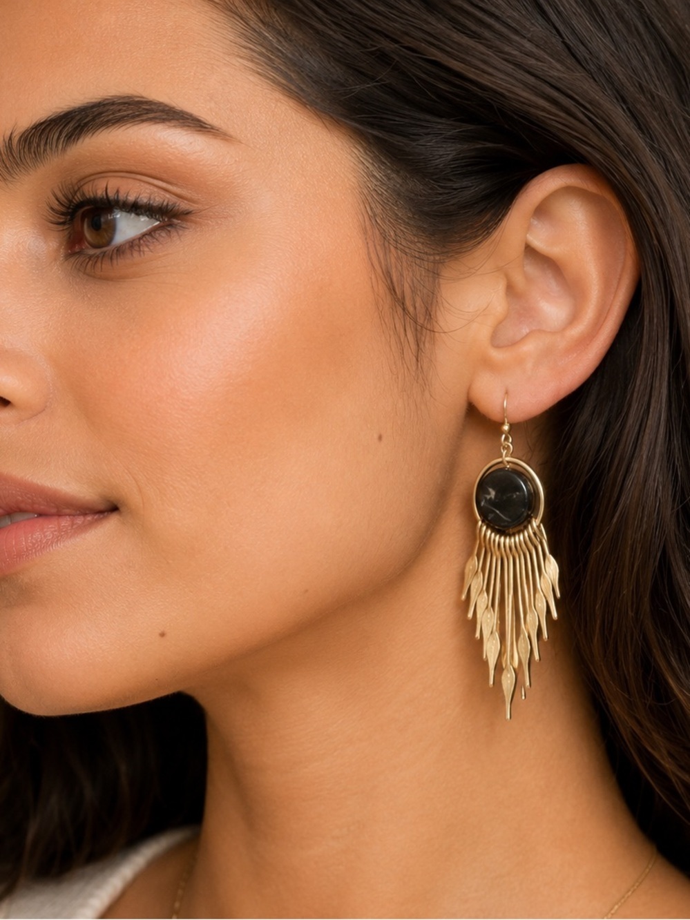 Gold Tone Black Dream Catcher Style Boho Western Drop Dangle Earrings